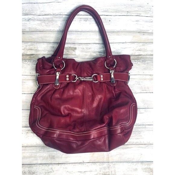 B. Makowsky Red / Purple Soft Leather Tote Bag with Leopard Lining & Zip Pockets - Picture 1 of 11